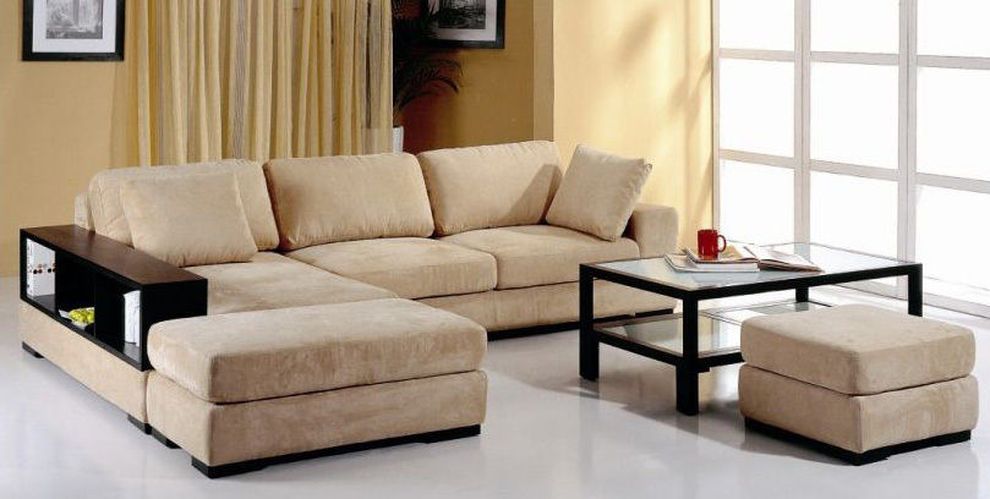 Beige fabric sectional couch w/ built-in bookshelves by Beverly Hills