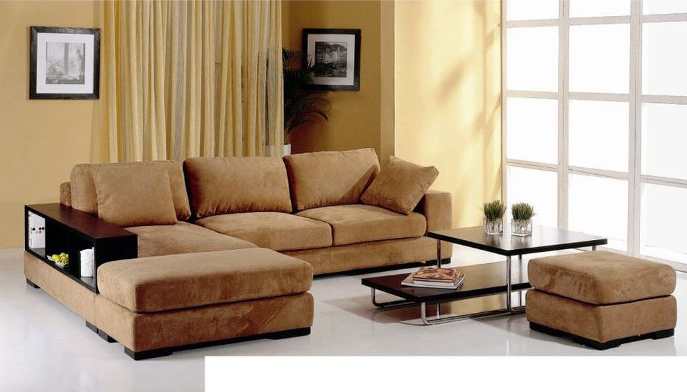 Brown fabric sectional couch w/ built-in bookshelves by Beverly Hills