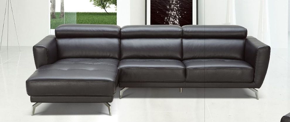Modern sleek black leather sectional w/ headrests by Beverly Hills