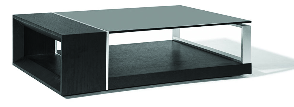Black oak veneer/black glass modern coffee table by Beverly Hills
