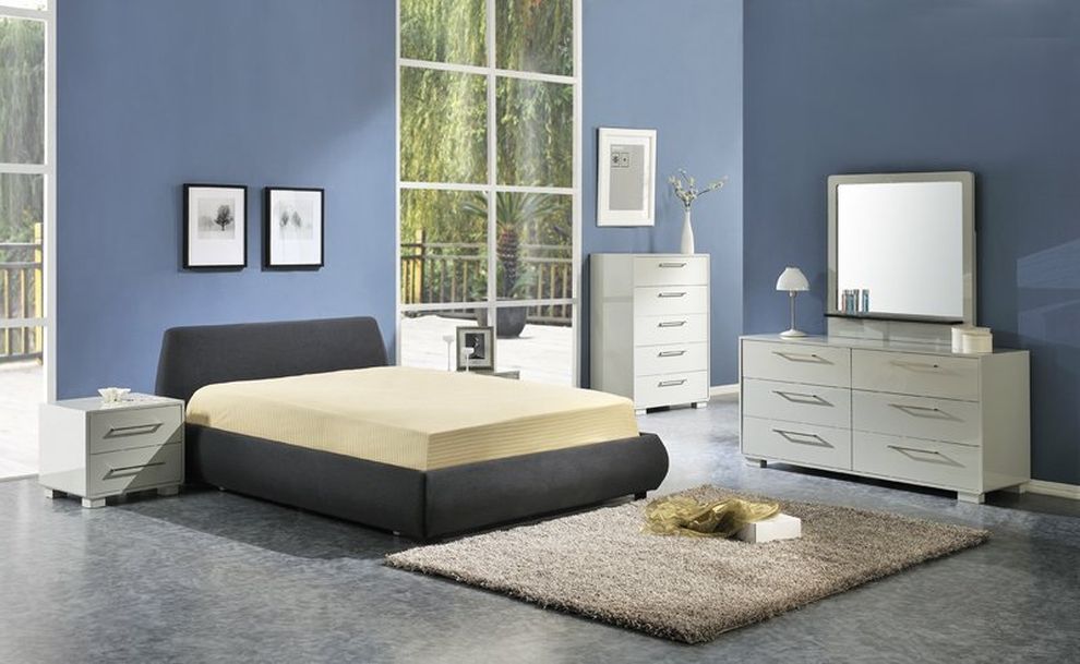 Storage bed w/ low-modern profile in blue-gray by Beverly Hills