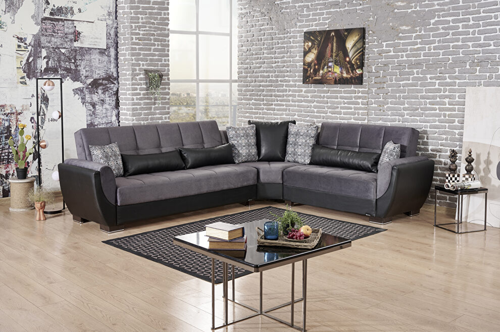 Reversible gray microfiber & black pu sectional w/ storage by Casamode