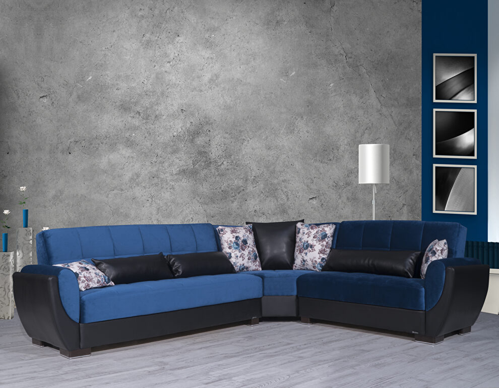 Reversible blue on black pu sectional w/ storage by Casamode