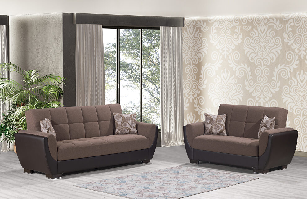 Chocolate fabric on brown pu sleeper sofa w/ storage by Casamode