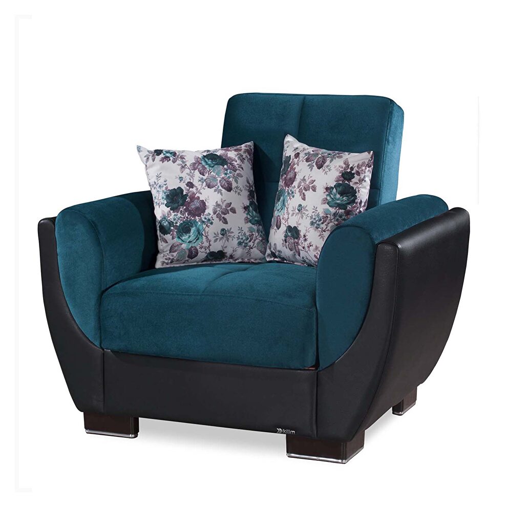 Blue fabric on black pu sleeper chair w/ storage by Casamode