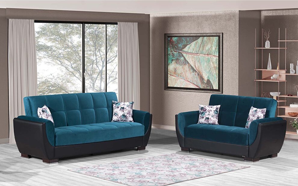 Blue fabric on black pu sleeper sofa w/ storage by Casamode