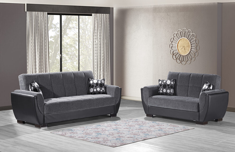 Asphalt fabric on black pu sleeper sofa w/ storage by Casamode