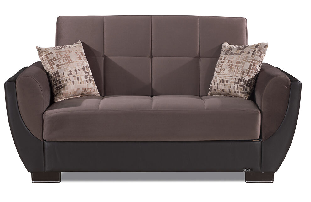 Cocoa fabric on brown pu sleeper loveseat w/ storage by Casamode