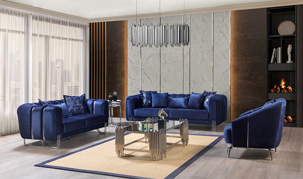 Sleek contemporary velvet blue sofa by Casamode
