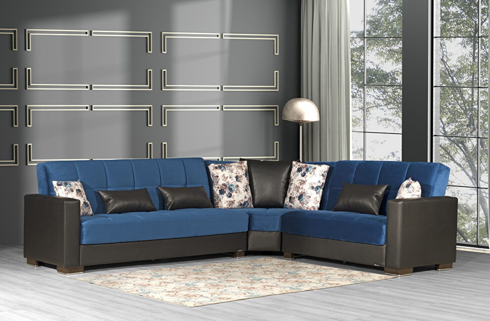 Reversible sleeper / storage sectional sofa in blue fabric / black pu by Casamode