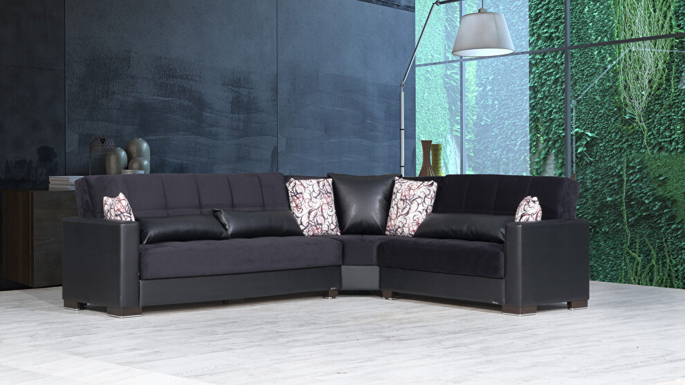 Reversible sleeper / storage sectional sofa in black pu/black fabric by Casamode