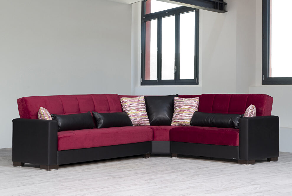 Reversible sleeper / storage sectional sofa in burgundy fabric by Casamode