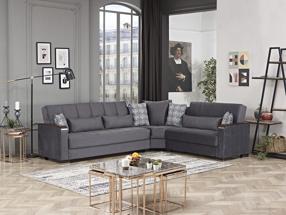 100% reversible sectional w/ wood arms in gray microfiber by Casamode
