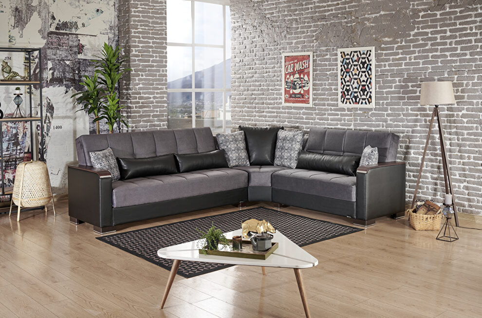 100% reversible sectional w/ wood arms in gray mf / black pu by Casamode