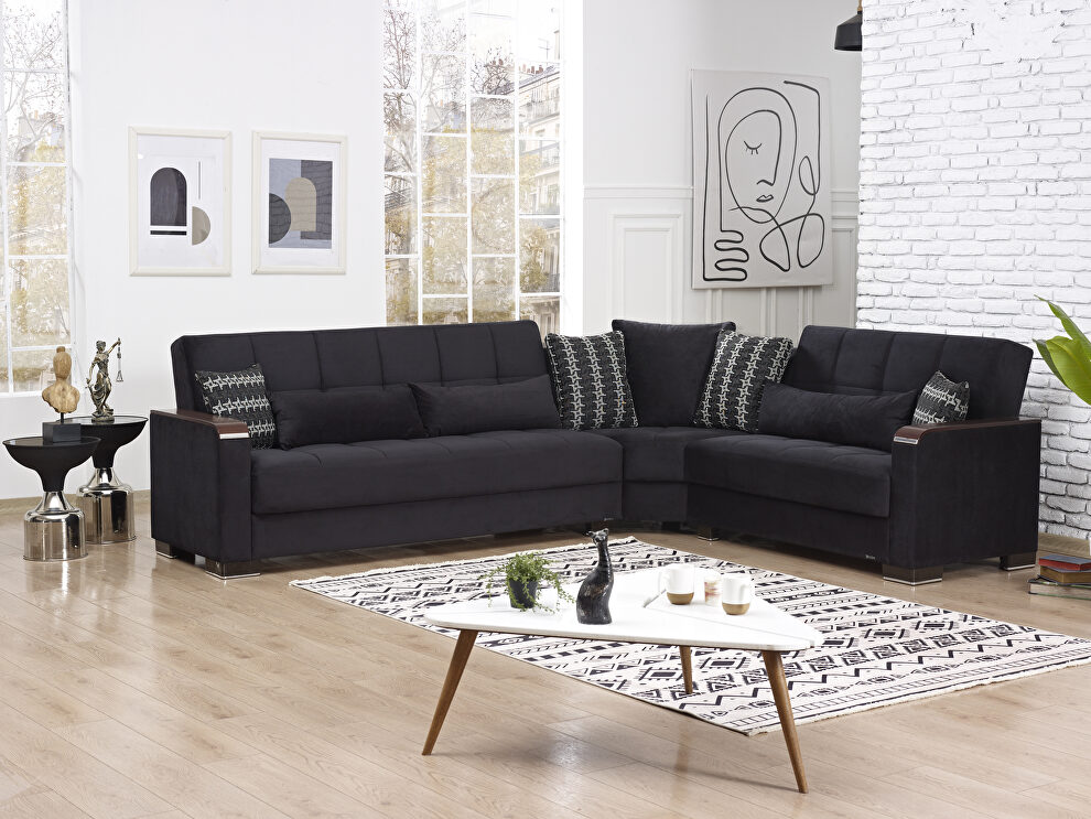 100% reversible sectional w/ wood arms in black microfiber by Casamode