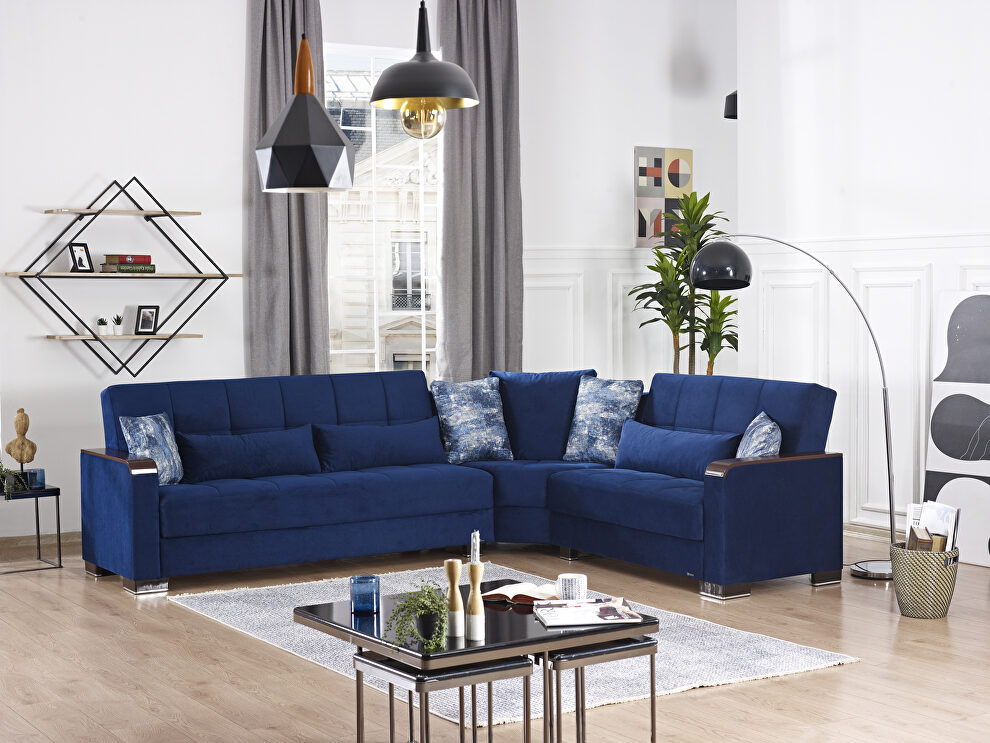 100% reversible sectional w/ wood arms in blue microfiber by Casamode