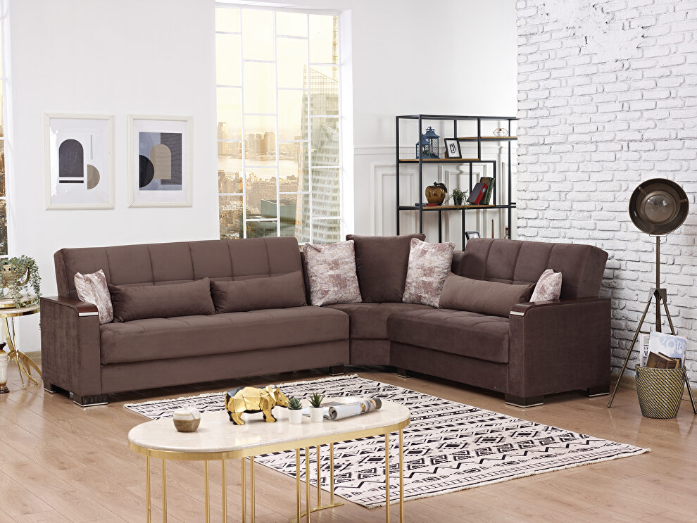 100% reversible sectional w/ wood arms in brown microfiber by Casamode