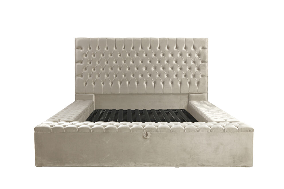 Beige microfiber storage king bed w/ full platform by Casamode
