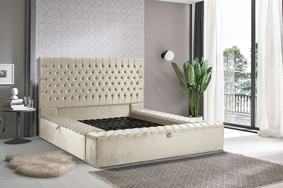 Beige microfiber storage queen bed w/ full platform by Casamode