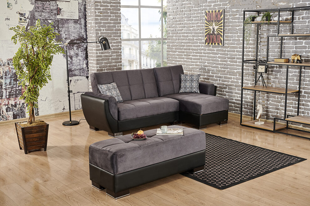 Gray microfiber & black pu small reversible sectional sofa by Casamode