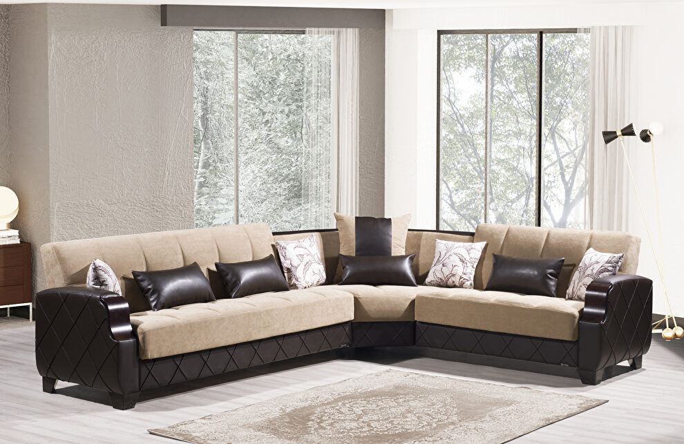 Beige/brown unique design sectional w/ storage/bed by Casamode
