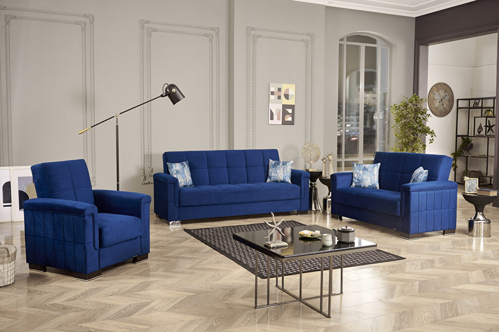 Blue microfiber sofa sleeper w/ square tufted pattern by Casamode