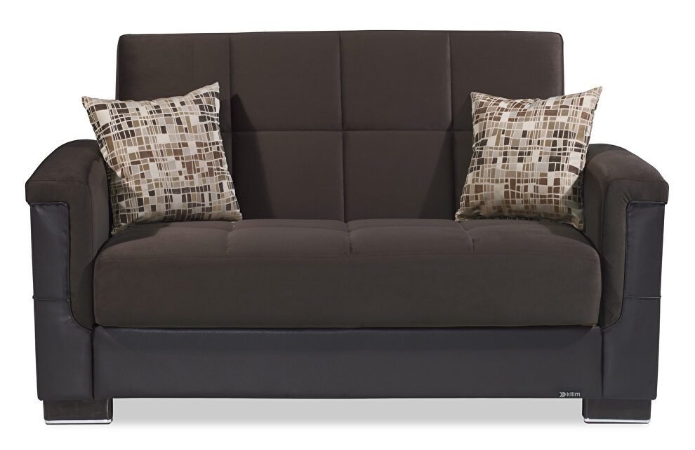 Two-toned chocolate fabric / brown leather loveseat sleeper by Casamode