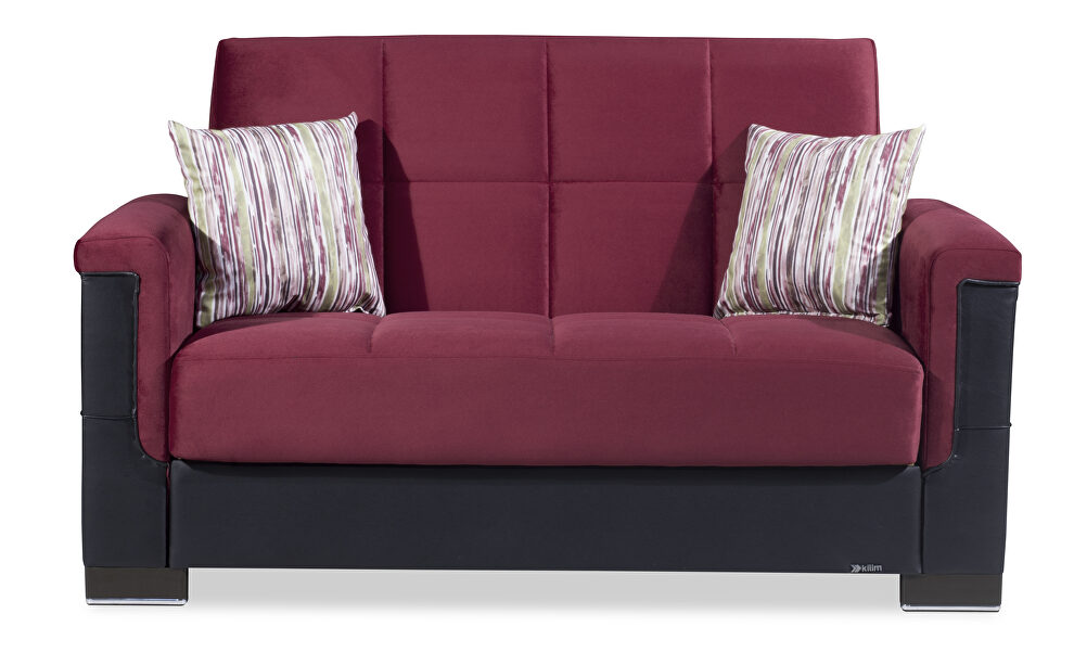 Two-toned burgundy fabric / brown leather loveseat sleeper by Casamode