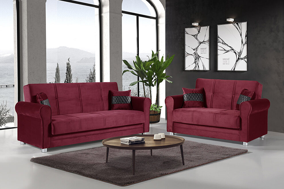 Casual microfiber rolled arms burgundy microfiber sofa by Casamode
