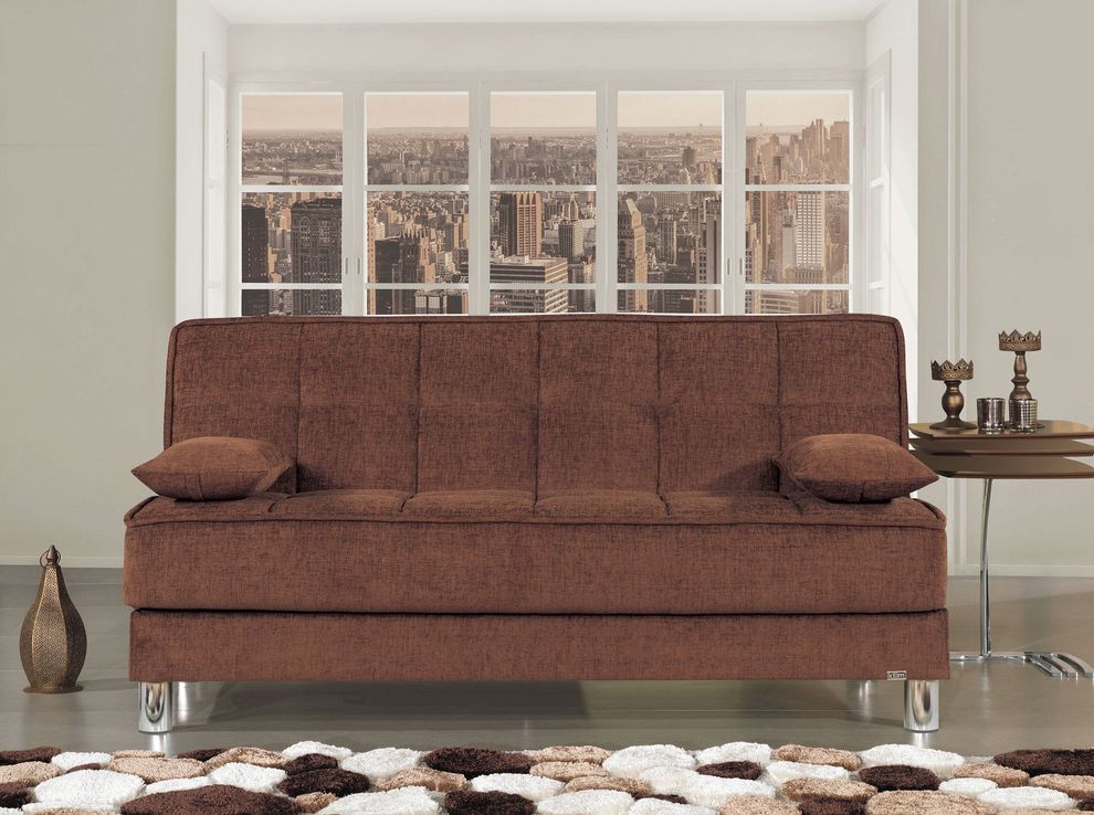 Brown fabric sofa bed w/ storage and 2 pillows by Casamode