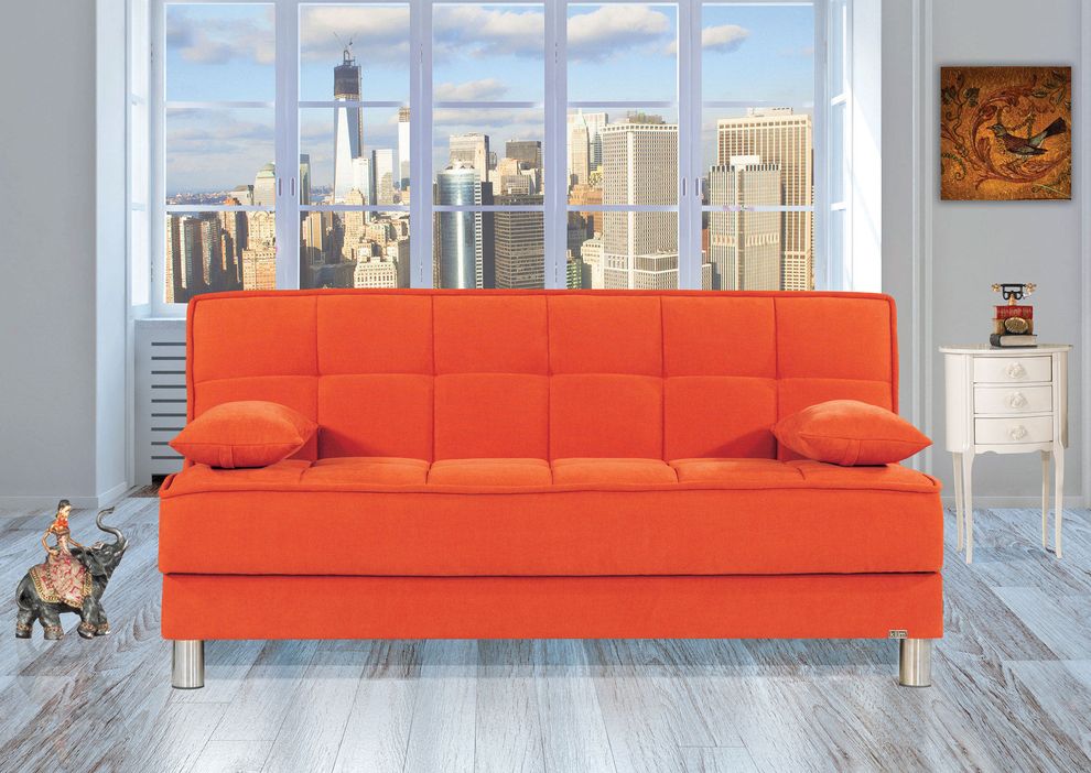Orange fabric sofa bed w/ storage and 2 pillows by Casamode