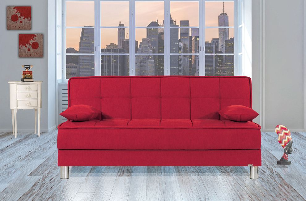 Red fabric sofa bed w/ storage and 2 pillows by Casamode