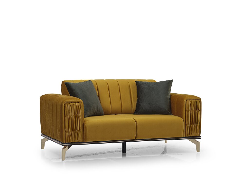 Stylish low profile channel tufted mustard loveseat by Casamode