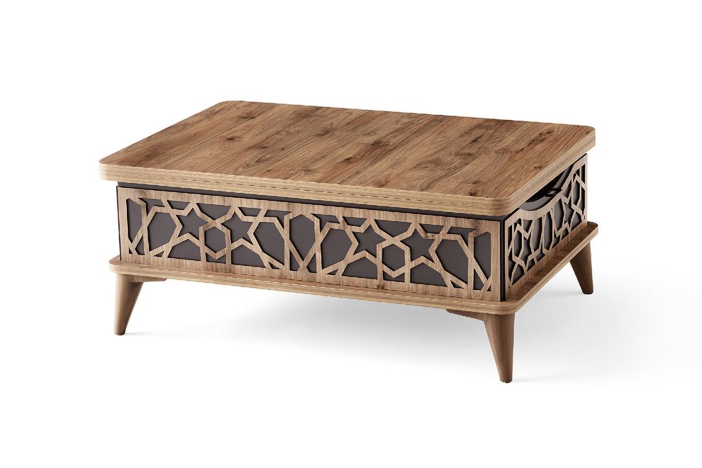 Neutral brown wood lift top traditional style cocktail table by Casamode