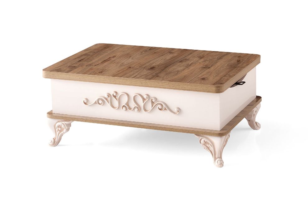 White/neutral wood lift top traditional style cocktail table by Casamode