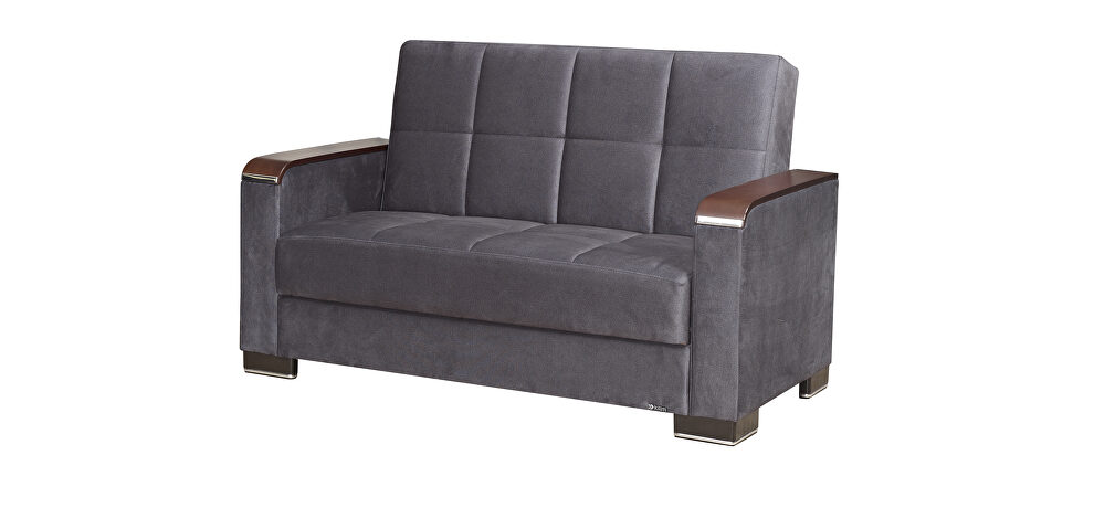 Gray microfiber loveseat w/ storage and wood arms by Casamode