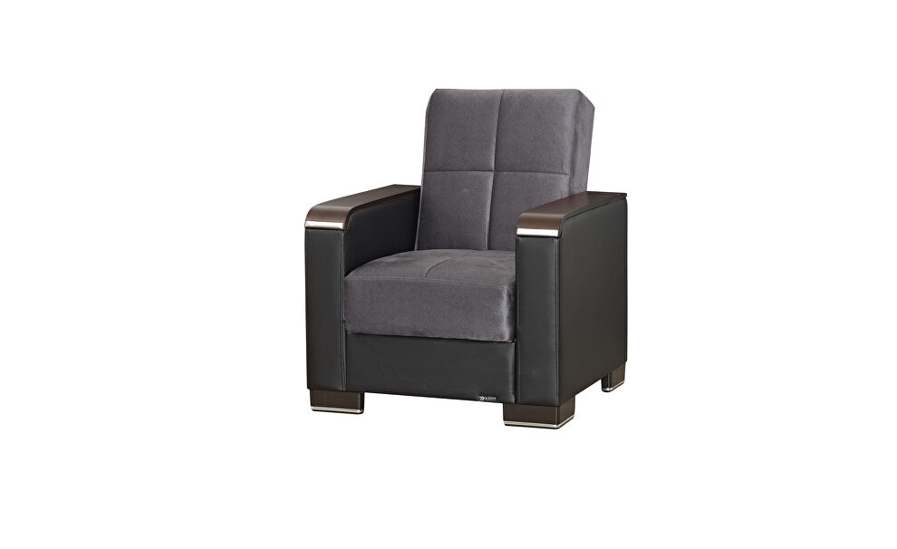 Gray microfiber / black pu chair w/ storage and wood arms by Casamode