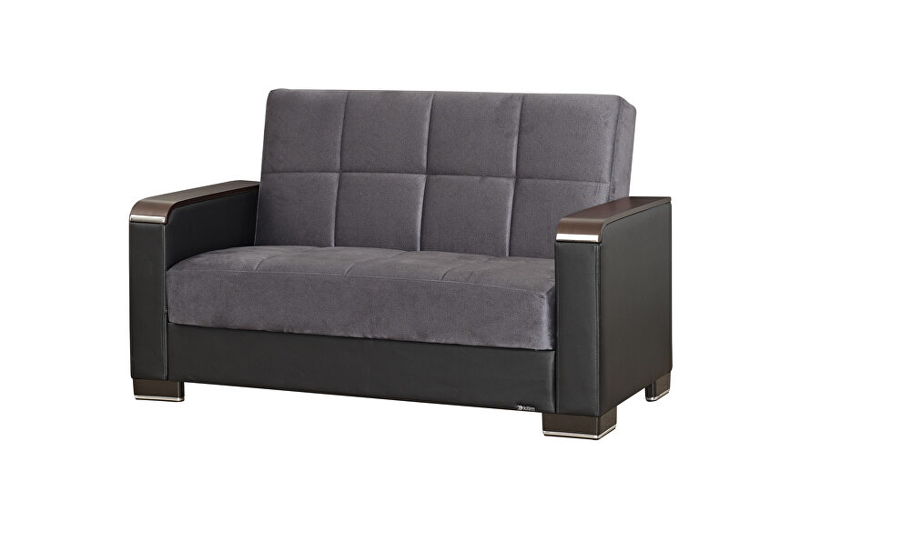 Gray microfiber / black pu loveseat w/ storage and wood arms by Casamode