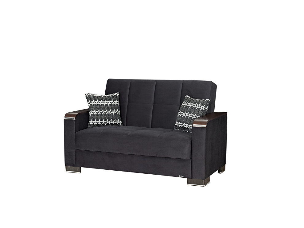 Black microfiber loveseat w/ storage and wood arms by Casamode