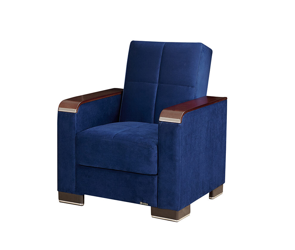 Blue microfiber chair w/ storage and wood arms by Casamode