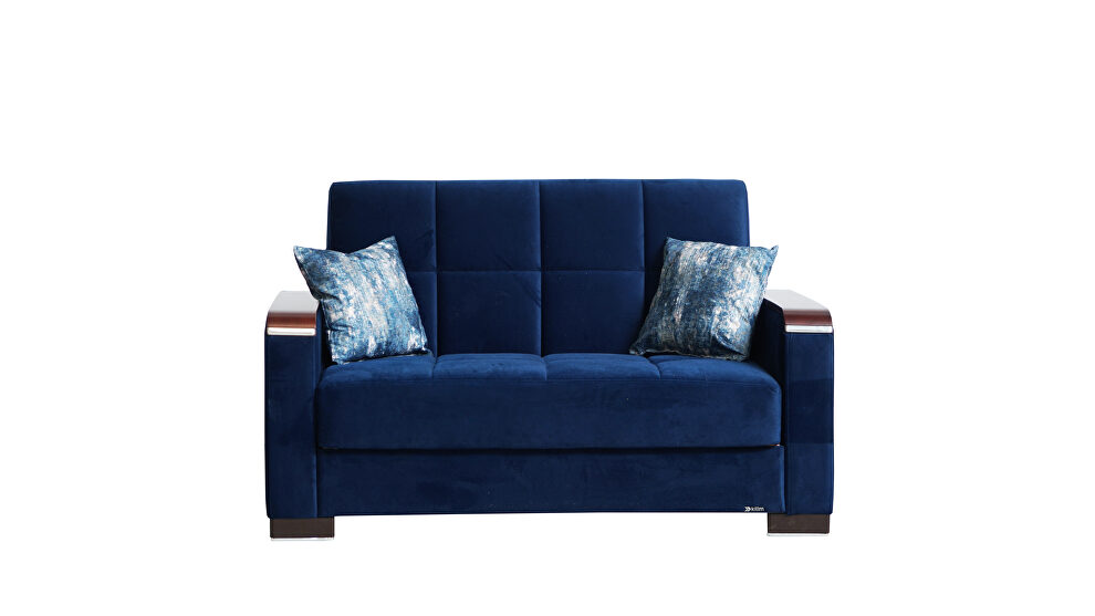 Blue microfiber loveseat w/ storage and wood arms by Casamode