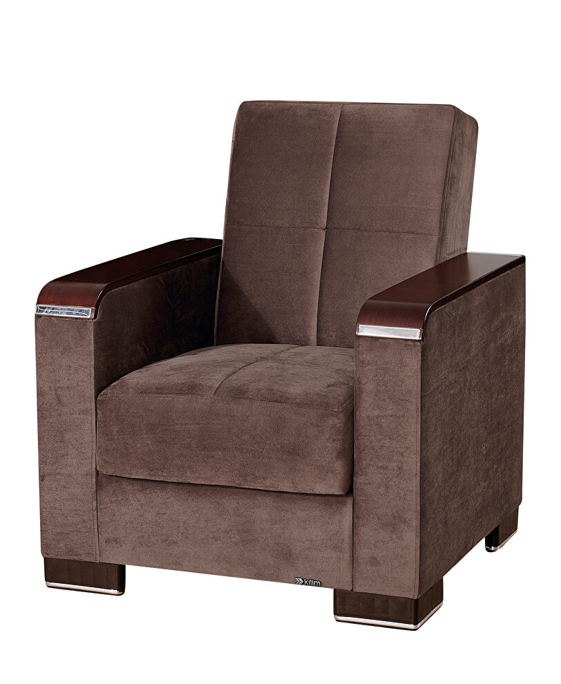 Brown microfiber chair w/ storage and wood arms by Casamode
