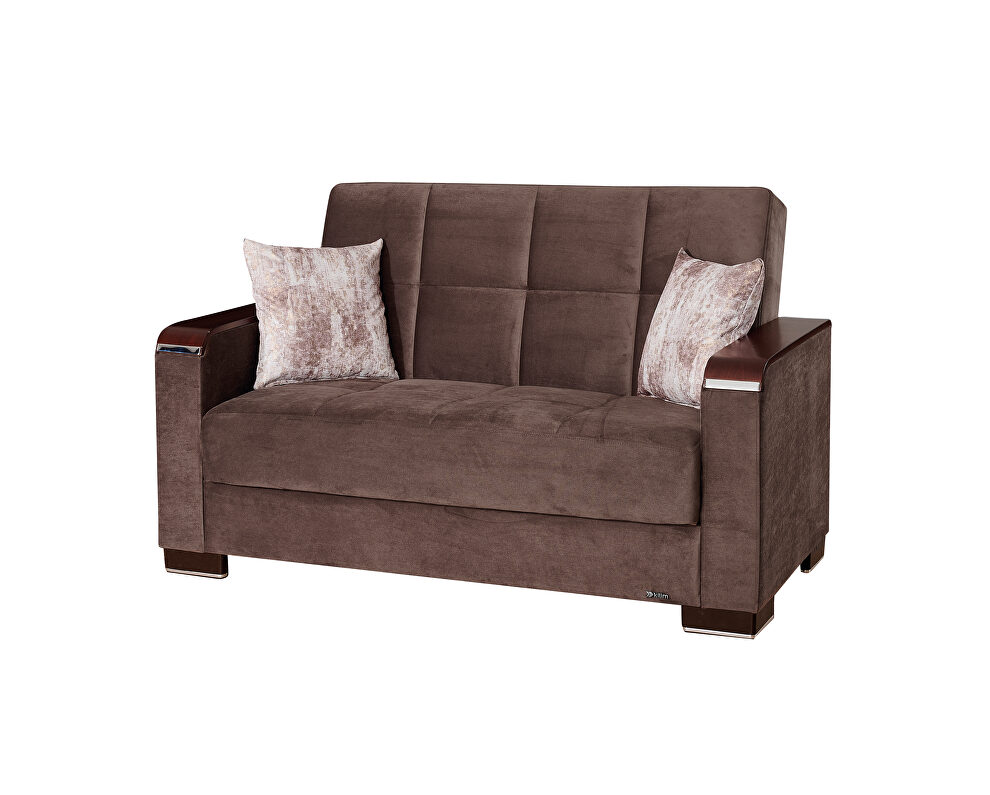 Brown microfiber loveseat w/ storage and wood arms by Casamode