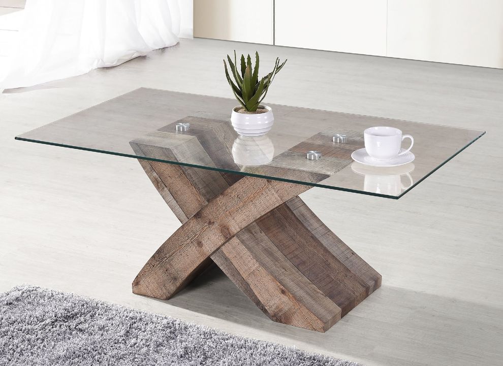 Clear glass top / x-base wood coffee table by Casamode