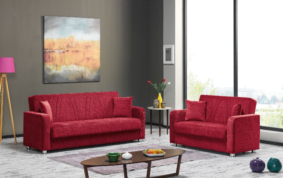 Chenille red fabric convertible sofa w/ storage by Casamode