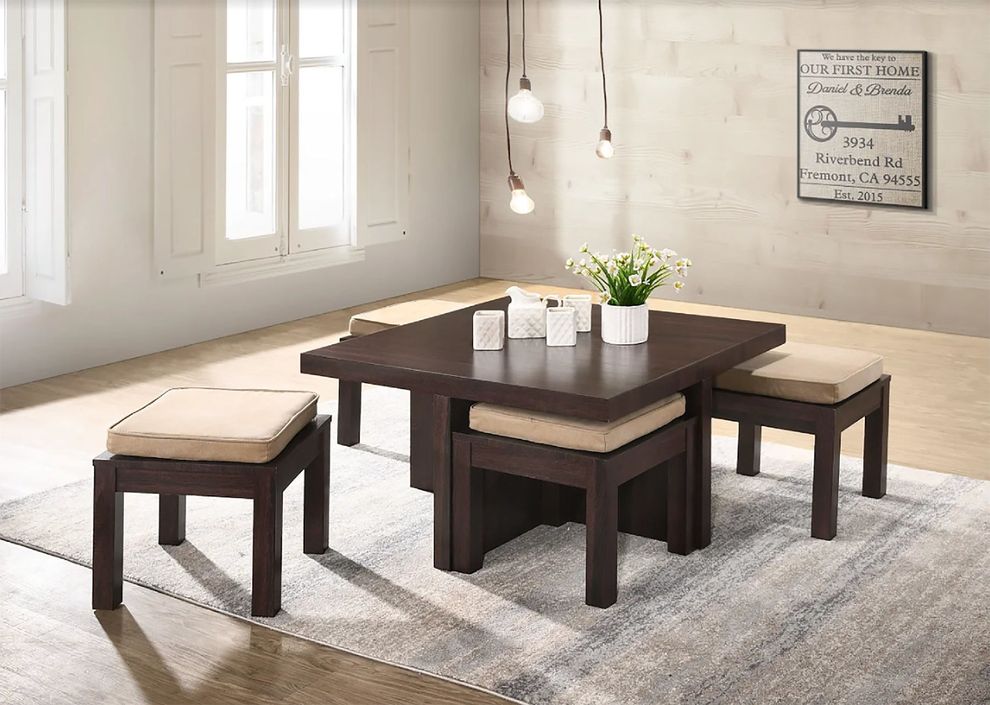 Cherry brown 5pcs coffee table + stools set by Casamode