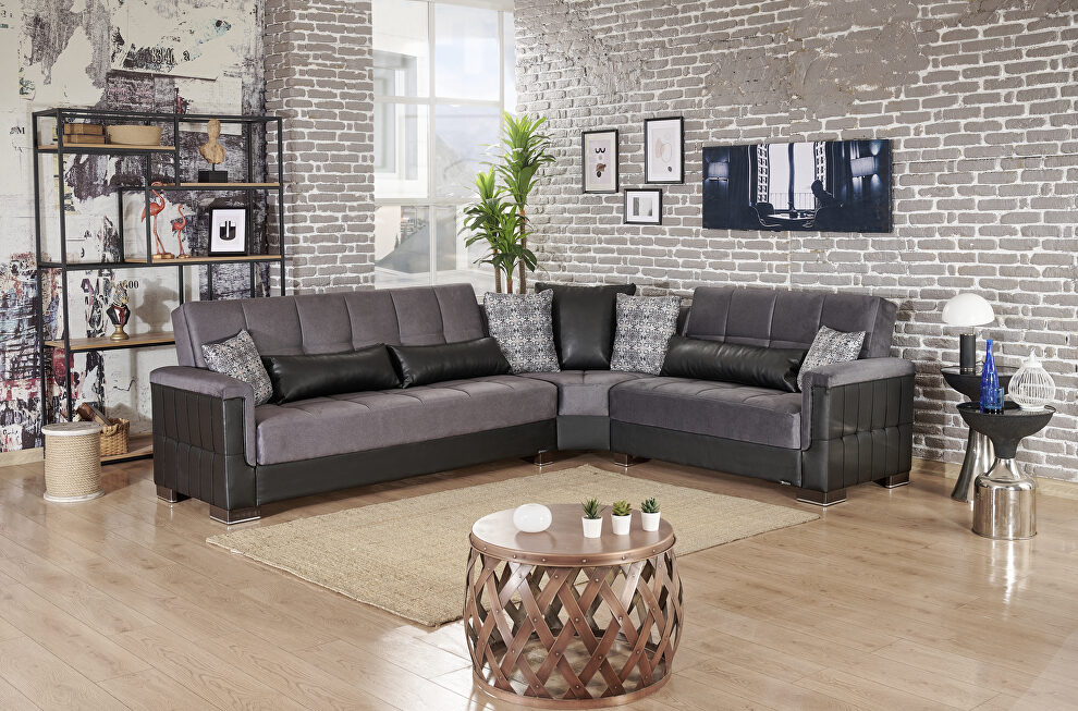 Fully reversible gray microfiber / black pu leather sectional sofa by Casamode