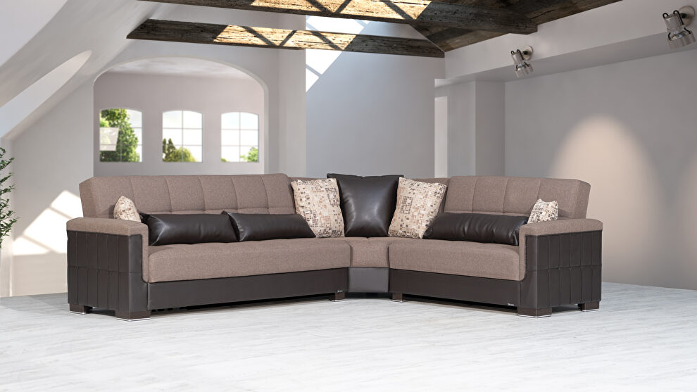 Fully reversible cocoa fabric / brown leather sectional by Casamode