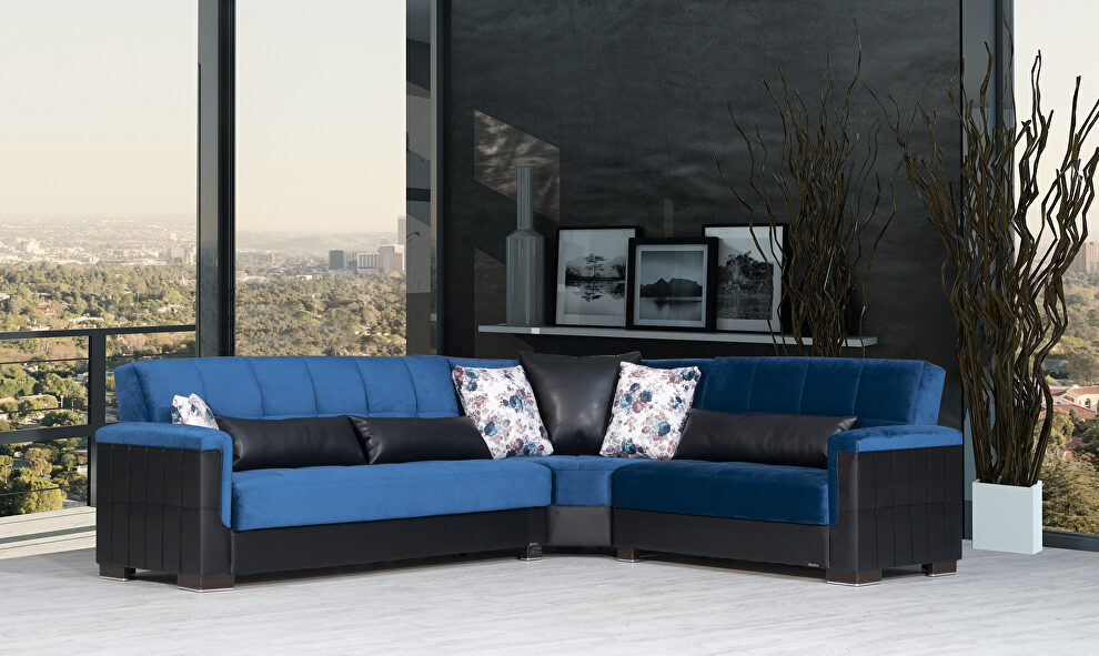 Fully reversible blue fabric / black leather sectional by Casamode