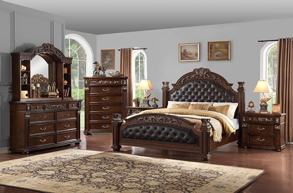 Traditional style queen bed in cherry finish wood by Cosmos